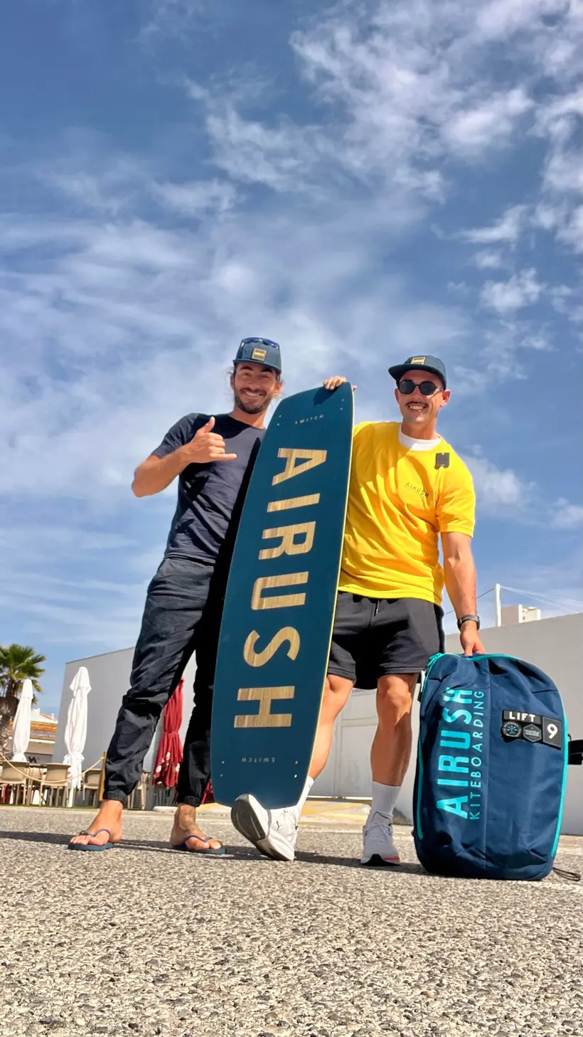 Federico with a student and a new Airush board and kite bag
